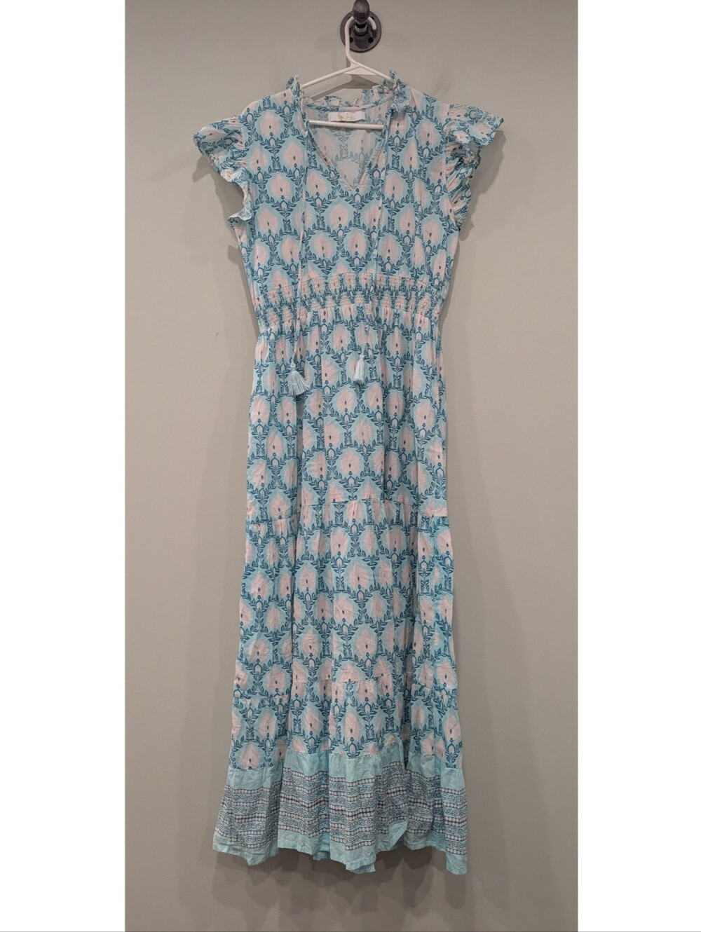 Bindu Aqua White Blue Smocked Waist Maxi Cotton Dress Size Medium
